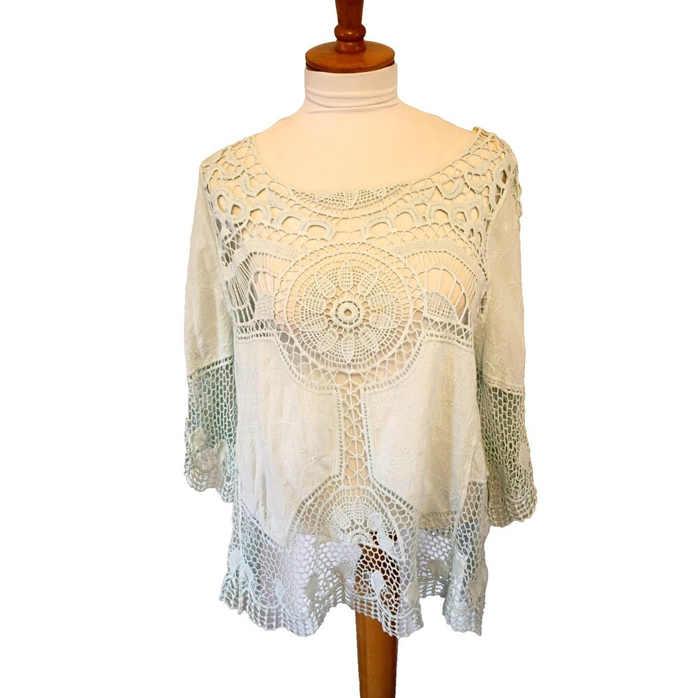 Fairy Core Boho Democracy Light Aqua Crochet  & Gauze Top Size Large